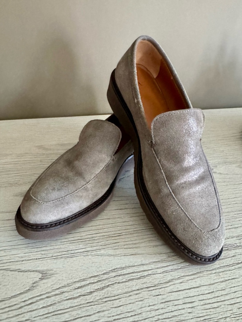 Aquatalia, Women’s Taupe Suede Slip-On Loafers